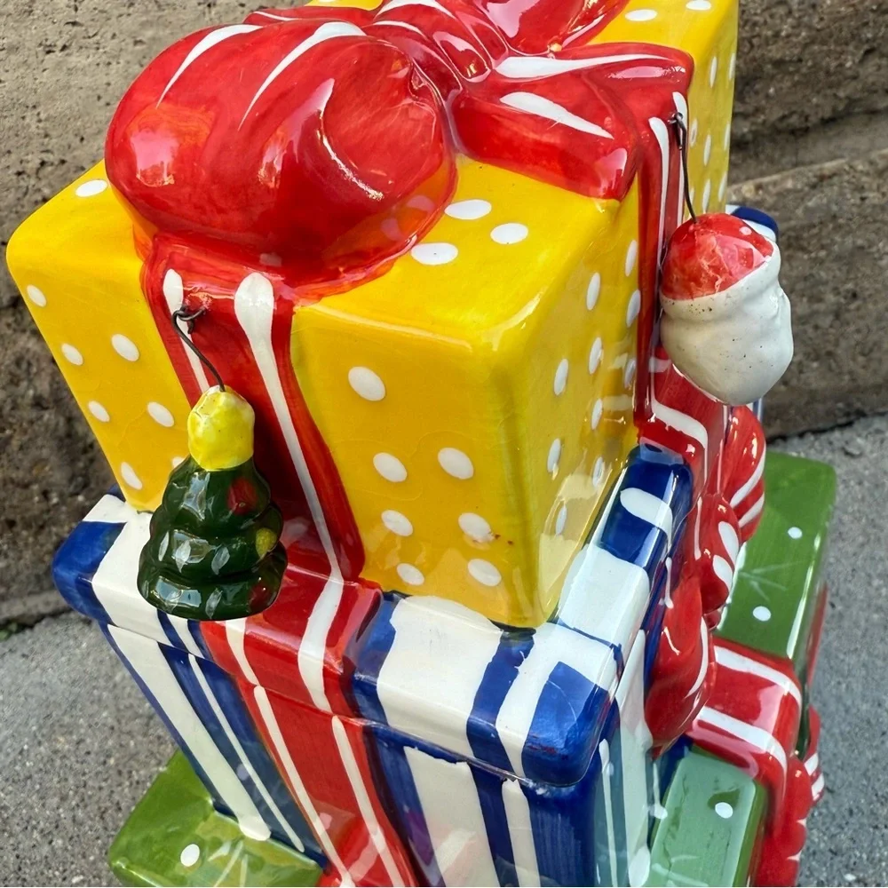 Vintage Whimsical Ceramic Tower of Presents 12” Christmas Cookie Jar w/ornaments